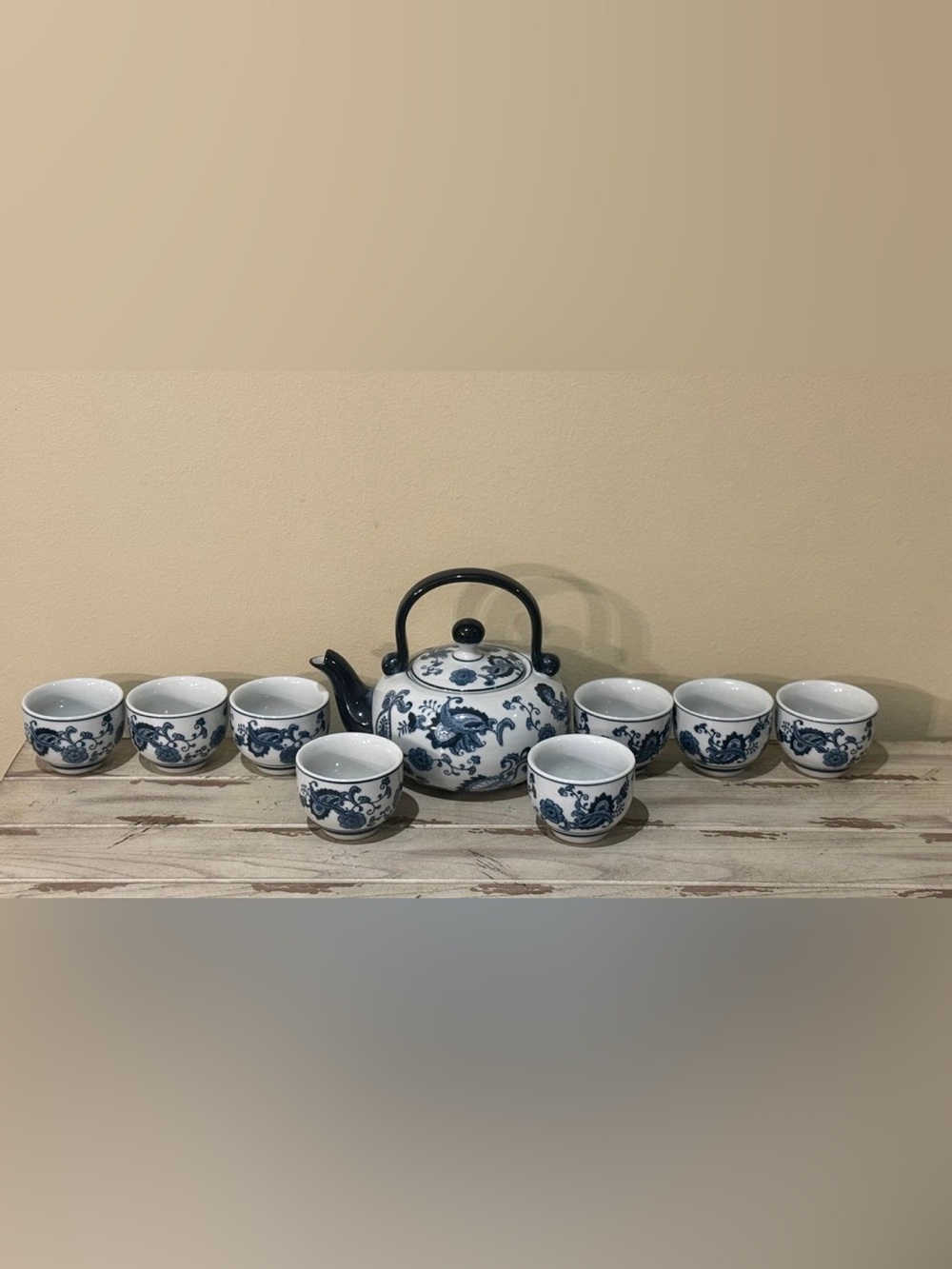 Pier 1 Blue & White Chinoiserie Hand Painted Porcelain Tea Set Teapot 8 Cups